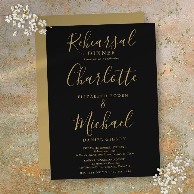 Black And Gold Signature Script Rehearsal Dinner Invitation (Black And Gold Signature Script Rehearsal Dinner Invitation)