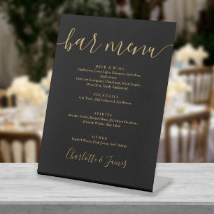 Black And Gold Signature Script Wedding Bar Menu Pedestal Sign