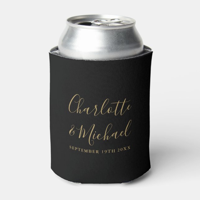 Black And Gold Signature Script Wedding Can Cooler (Can Front)