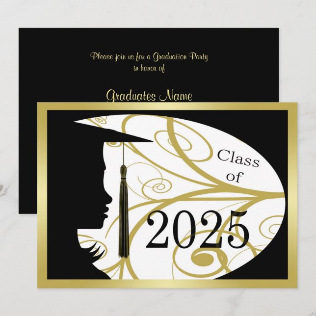 Black and Gold Silhouette 2025 Graduation Party Invitation (Front/Back)