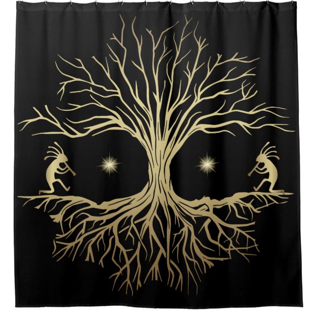 Black and Gold Silhouette Kokopelli Shower Curtain (Front)