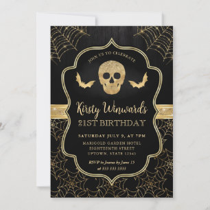 Black and Gold Skull and Cobwebs 21st Birthday Invitation