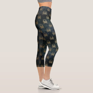 Black and Gold Skull & Crossbones Pattern Capri Leggings