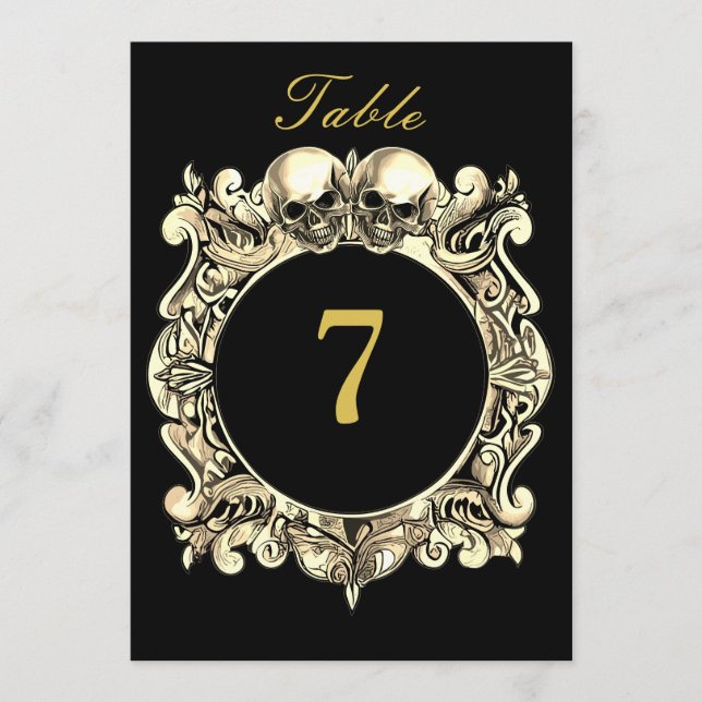 Black And Gold Skulls Gothic Wedding Table Number (Front)