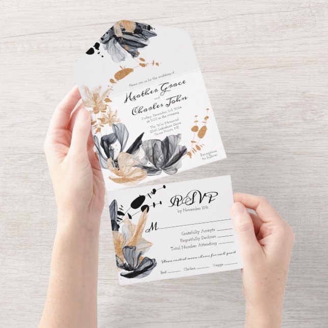 Black and Gold Smoke Flowers All In One Invitation (Tearaway)