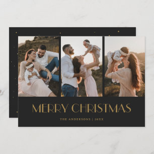 Black and Gold Snow 3 Photo Merry Christmas Holiday Card