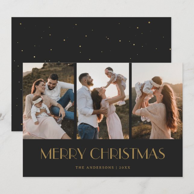 Black and Gold Snow 3 Photo Merry Christmas Holiday Card (Front/Back)