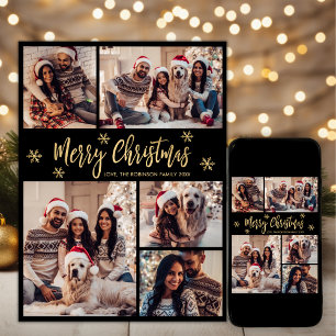 Black and Gold Snowflake 5 Photo Collage Christmas Holiday Card