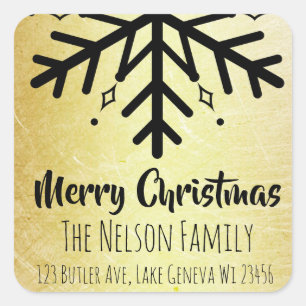 Black and Gold Snowflake Personalised Christmas Square Sticker
