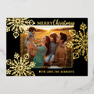 Black And Gold Snowflakes Merry Christmas Photo  Foil Holiday Card