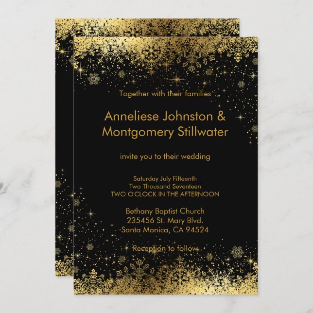 Black and Gold Snowflakes Wedding Invitation (Front/Back)