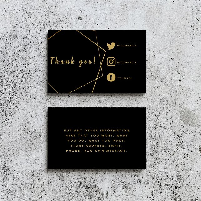 Black and gold social links orders insert Card. (Black thank you insert card for customer orders with gold geometric border and social media details.)