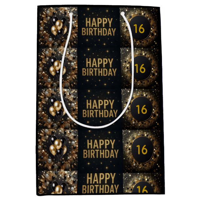 Black and Gold Sparkle Balloon Happy Birthday Medium Gift Bag (Front)