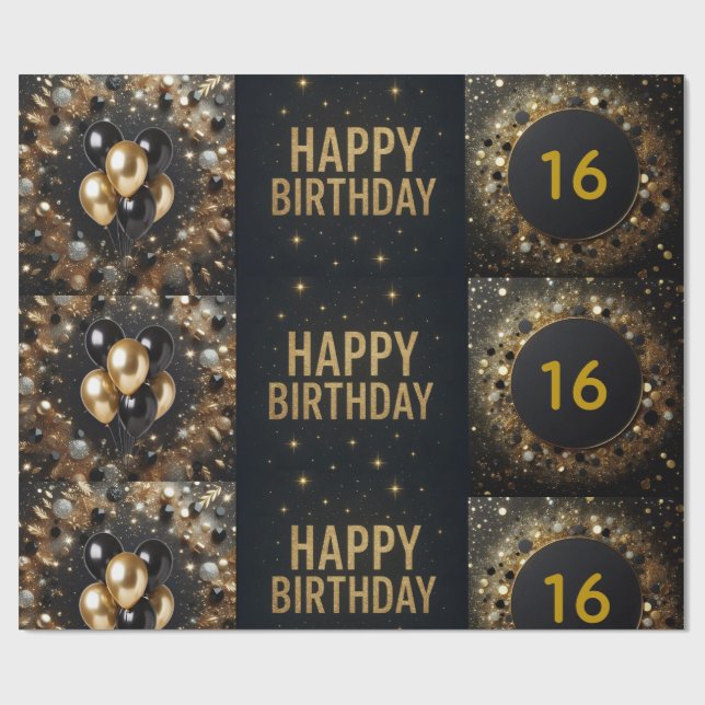 Black and Gold Sparkle Balloon Happy Birthday Wrapping Paper (Flat)