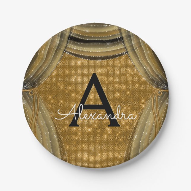 Black and Gold Sparkle Curtains Monogram Birthday Paper Plate (Front)