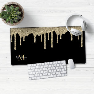 Black and Gold Sparkle Glitter Drips Monogram Desk Mat