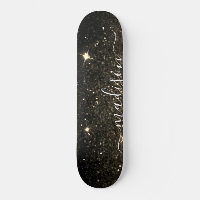 Black and Gold Sparkle Glitter Personalised Skateboard (Front)