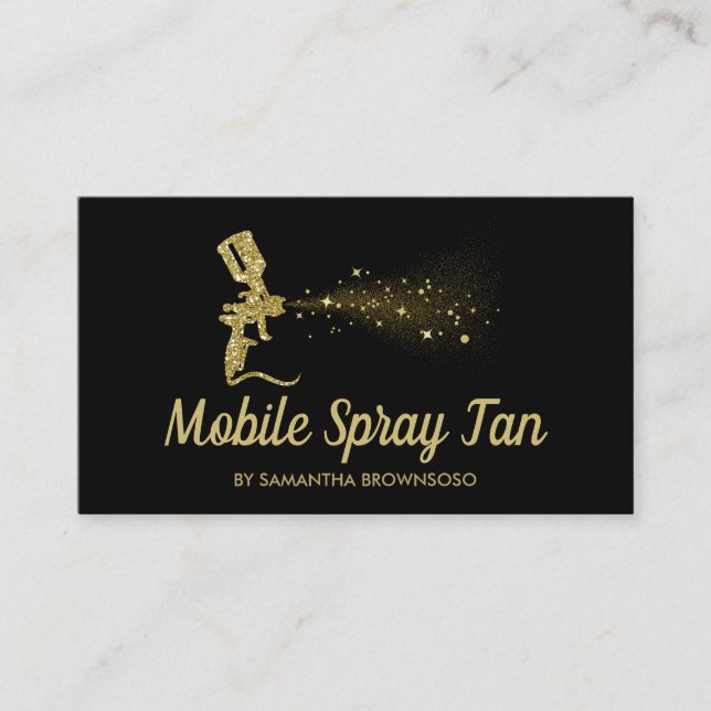 Black and Gold Sparkle Mobile Tanning Spray Business Card (Front)