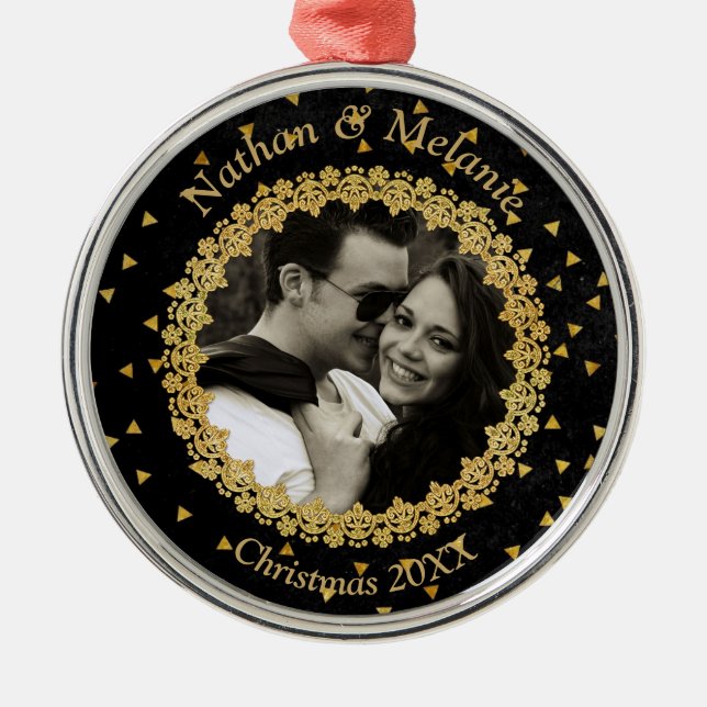 Black and Gold Sparkles Custom Photo Metal Tree Decoration (Front)