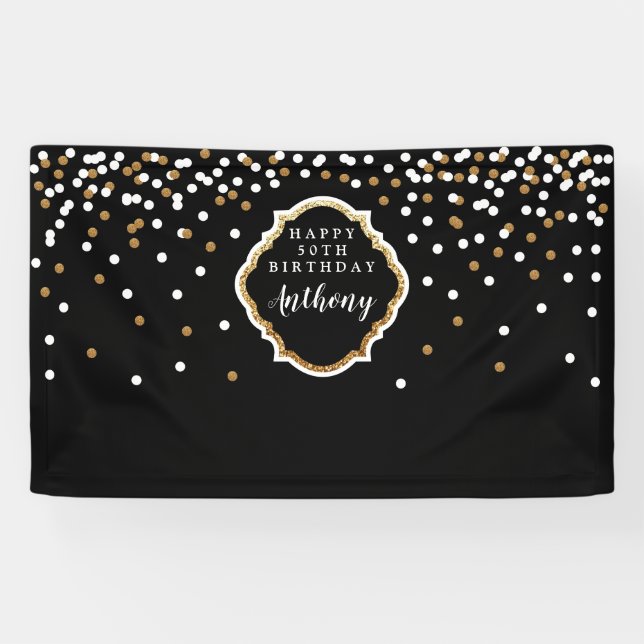 Black and Gold Sparkling Polka Dot Backdrop Banner (Horizontal)