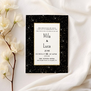 Black and gold sparkly glitter confetti Wedding Invitation