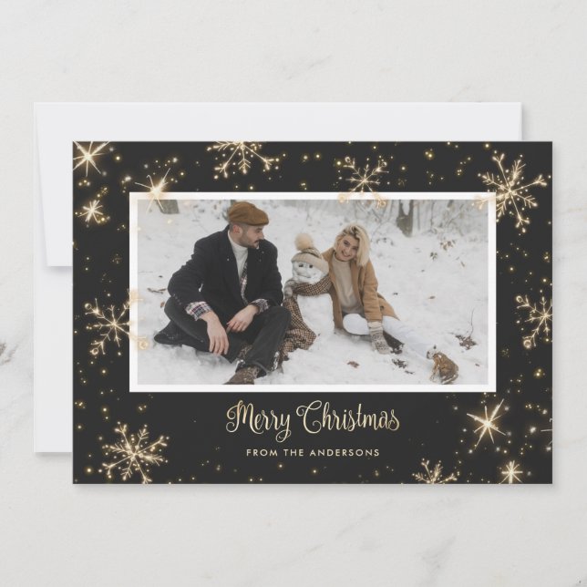 Black and Gold Sparkly Photo Christmas Cards (Front)