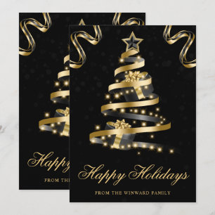 Black and Gold Sparkly Ribbon Tree Christmas Holiday Card