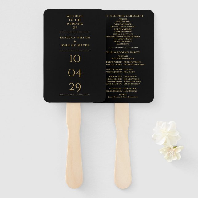 Black And Gold Special Date Wedding Program Hand Fan (Front and Back)