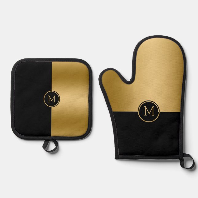 Black and gold split-screen geometric design oven mitt & pot holder set (Front)
