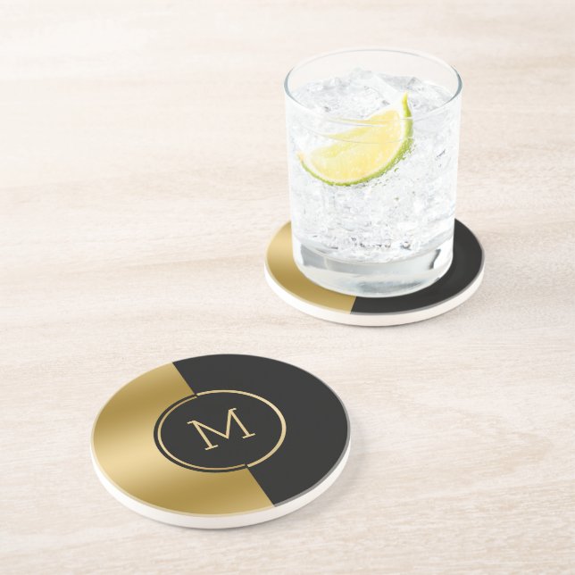 Black and gold split-screen monogram coaster (Side)