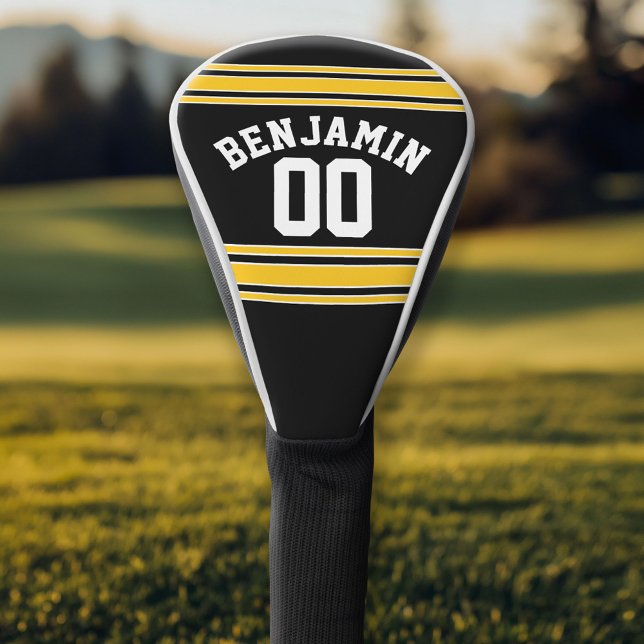 Black and Gold Sports Jersey Custom Name Number Golf Head Cover (Custom Golf Head Cover)