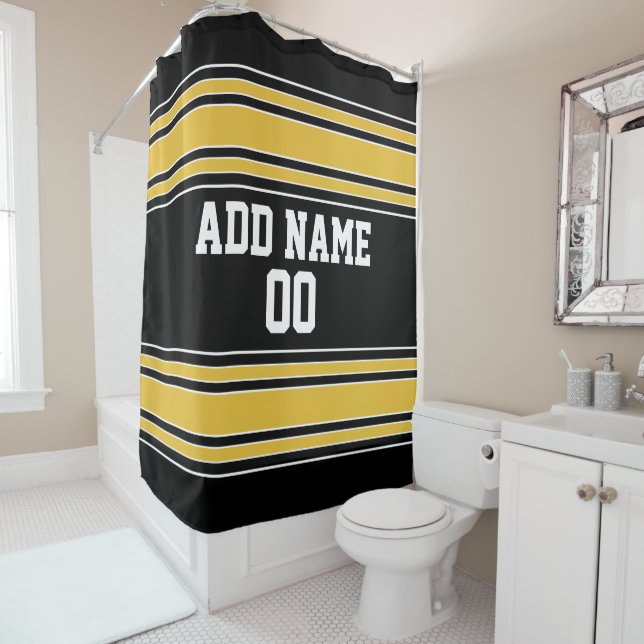 Black and Gold Sports Jersey Custom Name Number Shower Curtain (In Situ)
