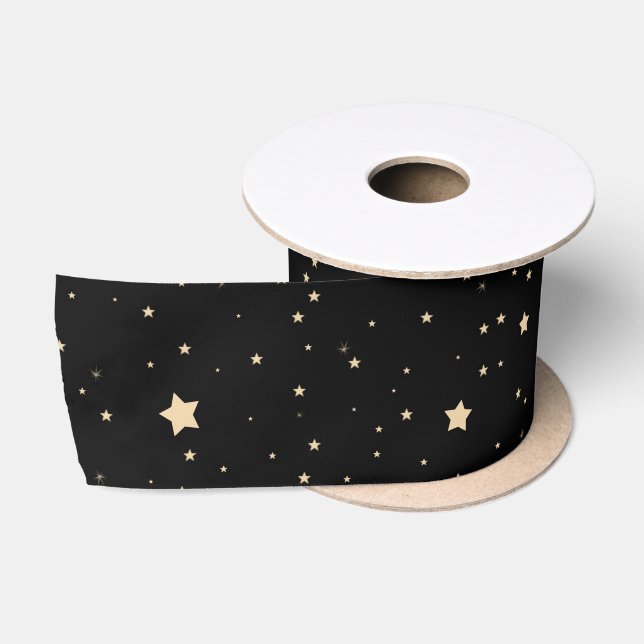 Black and Gold Starry Night Pattern Christmas Satin Ribbon (Spool)