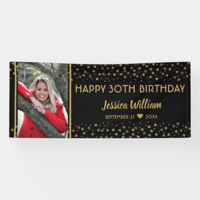 Black And Gold Stars 30th Birthday Custom Photo Banner (Horizontal)