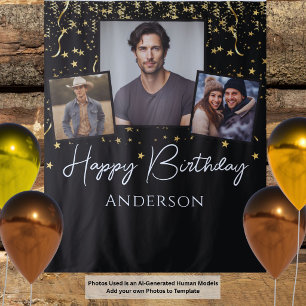 Black and Gold Stars Birthday Photo Backdrop 3 Tapestry