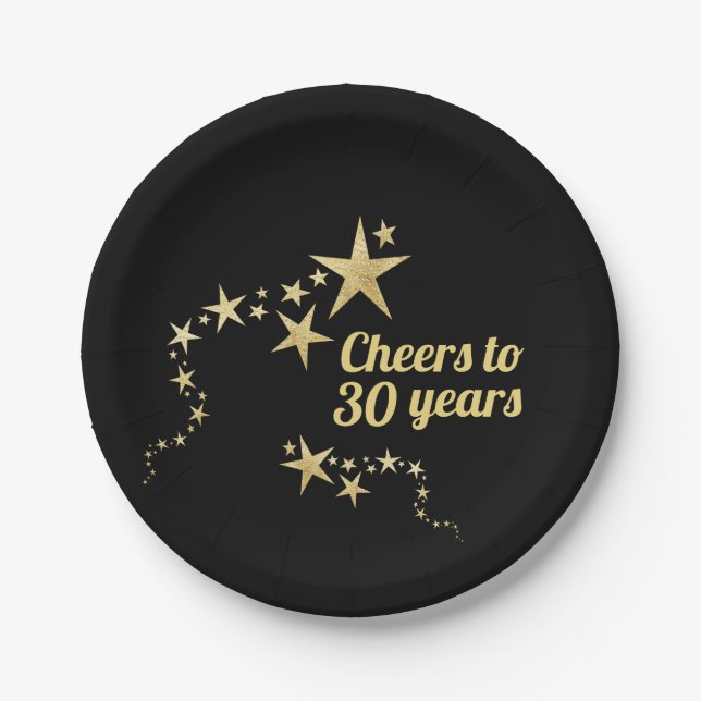 Black and Gold Stars Cheers to 30 Years Birthday  Paper Plate (Front)