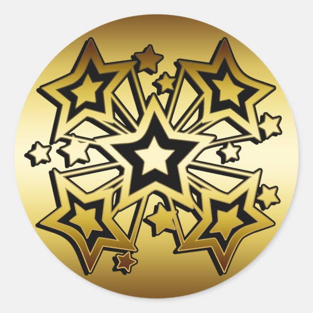 BLACK AND GOLD STARS CLASSIC ROUND STICKER (Front)