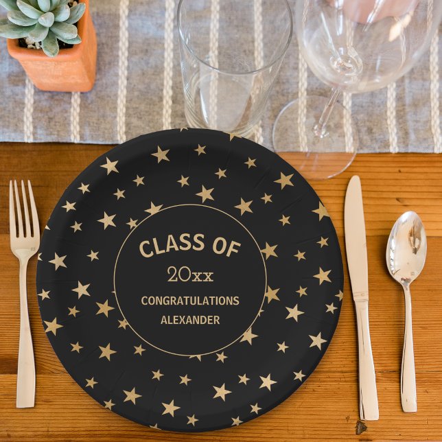 Black and Gold Stars graduation party Paper Plate (Creator Uploaded)