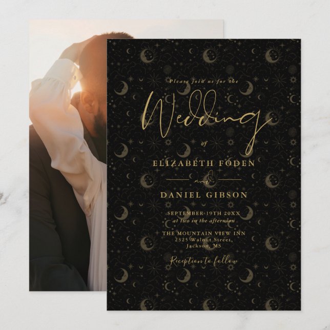 Black And Gold Stars Moon Photo Celestial Wedding Invitation (Front/Back)