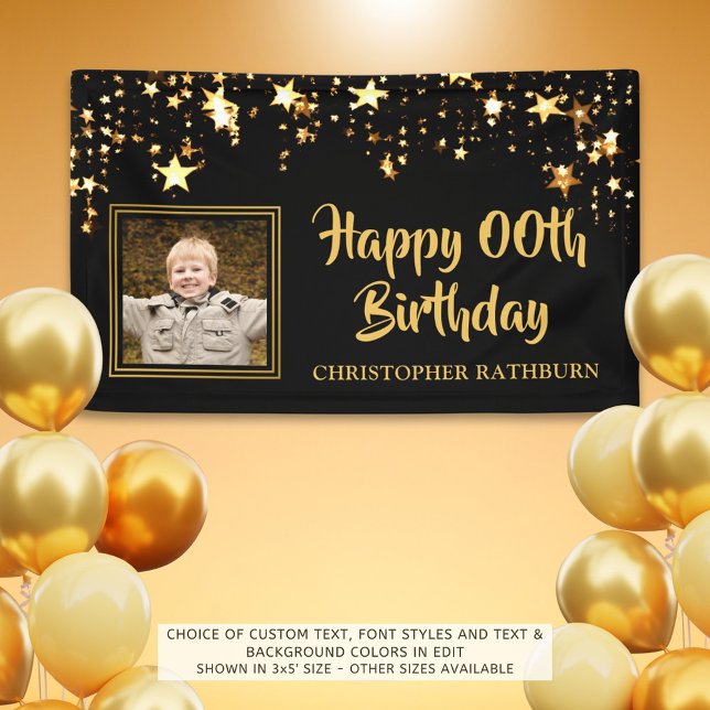 Black and Gold Stars Photo Any Year Birthday Banner (Creator Uploaded)