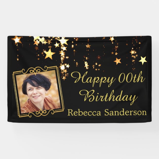 Black and Gold Stars w/ Photo Any Year Birthday Banner (Horizontal)