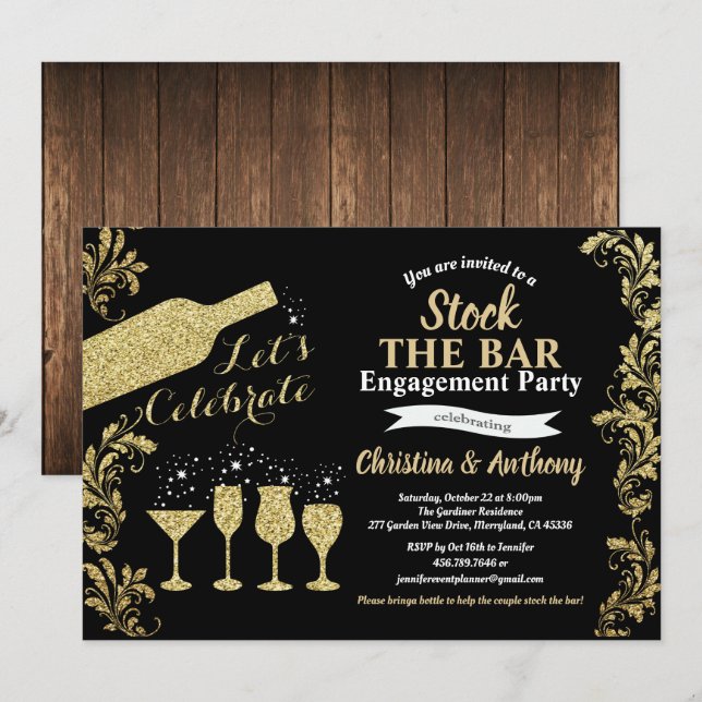 Black and gold stock the bar engagement party invitation (Front/Back)