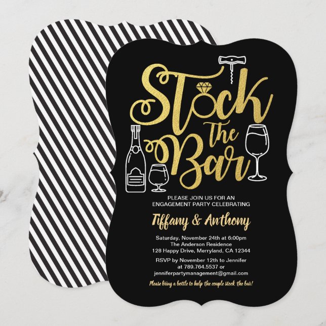 Black and gold stock the bar engagement party invitation (Front/Back)