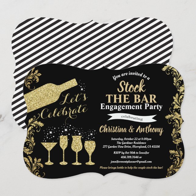 Black and gold stock the bar engagement party invitation (Front/Back)
