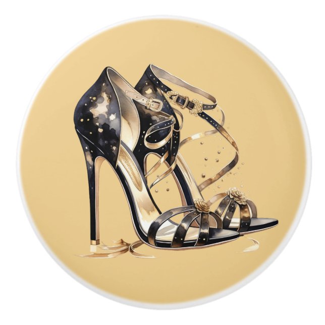Black and Gold Strappy Stilletto Shoes Ceramic Knob (Front)