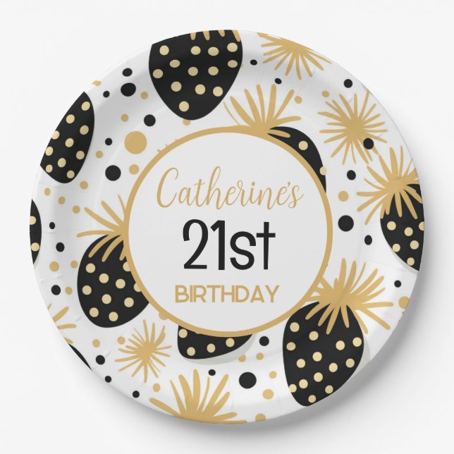 Black and Gold Strawberry Pattern Paper Plate (Front)