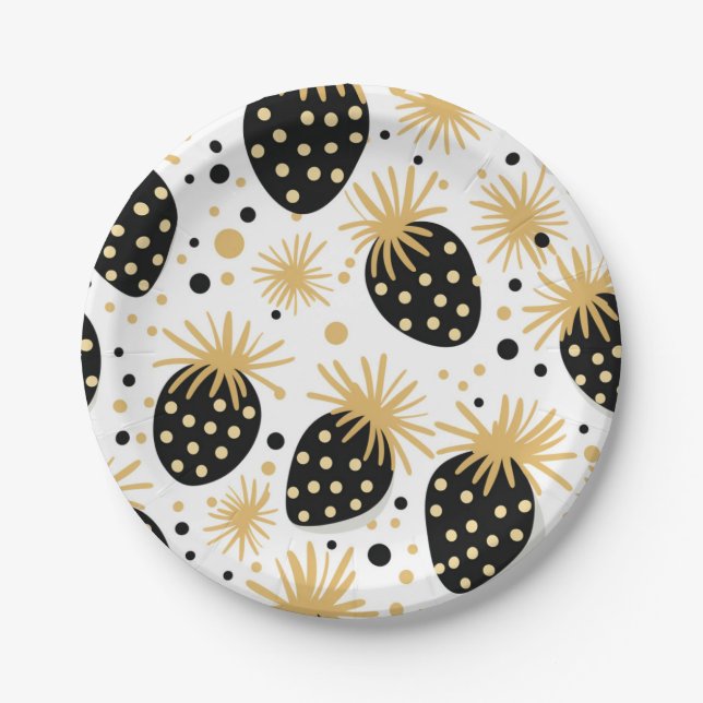 Black and Gold Strawberry Pattern Paper Plate (Front)