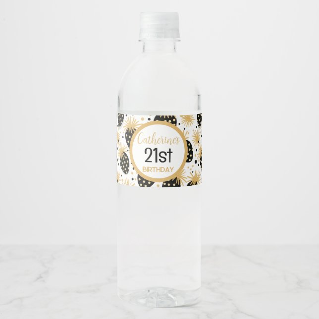 Black and Gold Strawberry Pattern Water Bottle Label (Front)