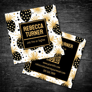 Black and Gold Strawberry, QR Code Square Business Card
