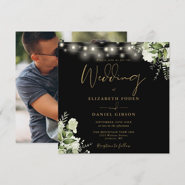 Black And Gold String Lights Floral Photo Wedding Invitation (Front/Back)